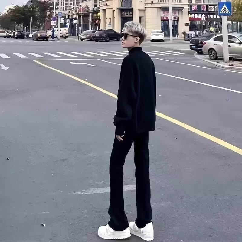美式vibe裤子高街纯黑色高个子牛仔裤男款潮流修身显瘦微喇直筒裤