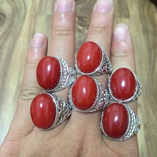 纯天然四川九口南红玛瑙925银戒指男活口满色满肉柿子红南红男戒