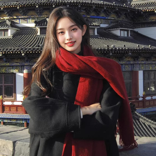 红围巾中国红酒红色围巾女生冬季新年氛围感披肩加厚保暖围脖