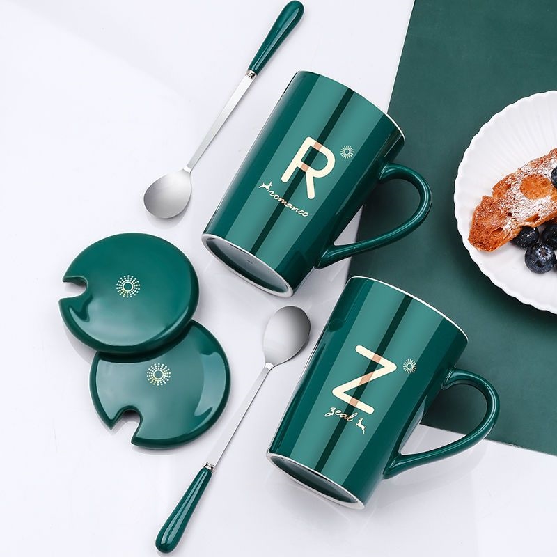 陶瓷杯带盖勺情侣喝水杯子家用茶杯女生男生女士办公室咖啡杯子女