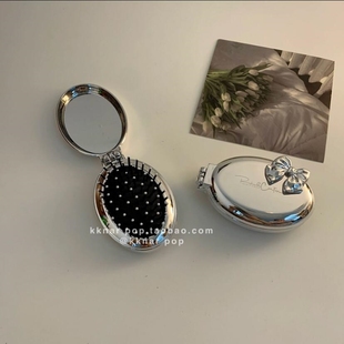 便携式小镜子带梳子高级感折叠气囊梳带镜子气垫梳便携按摩梳