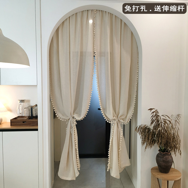 高档奶油中古风门帘棉麻朦胧感纱帘玄关泡芙奶咖隔断帘免打孔安装