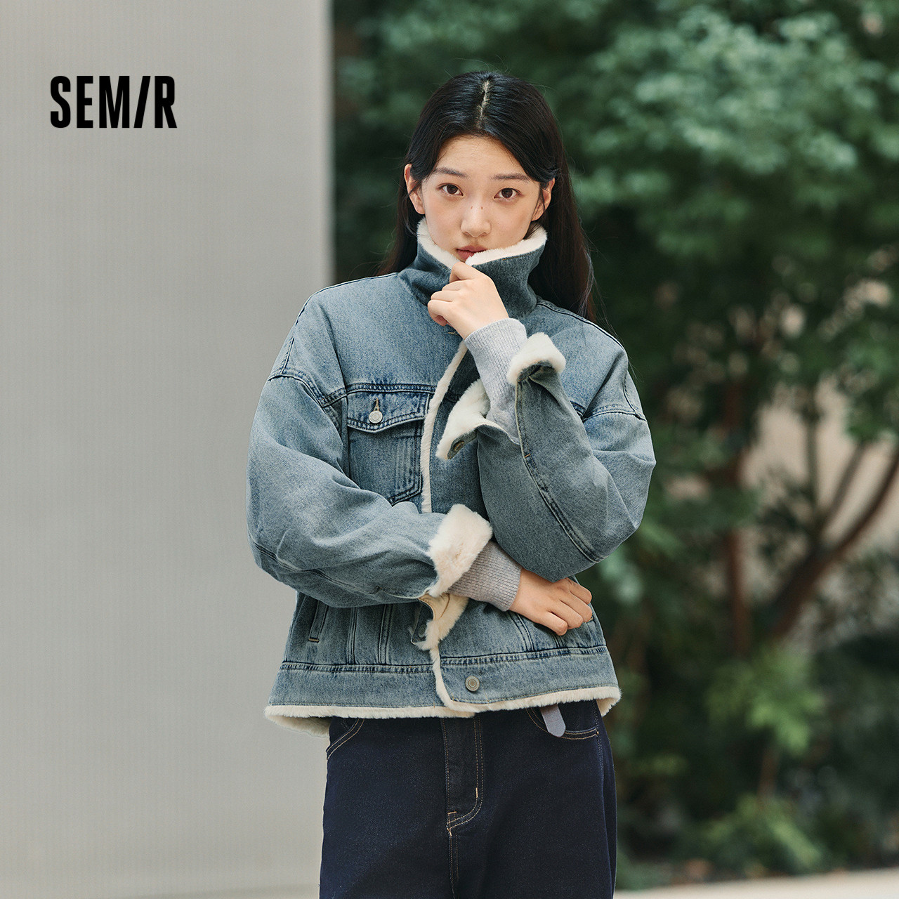 森马仿兔毛翻领夹棉牛仔外套女
