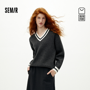 叠穿简约文艺毛衫 商场同款 森柔森马毛衣女冬撞色V领宽松2025新款