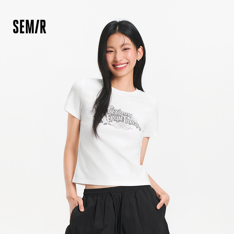 [商场同款]森马短袖T恤女显瘦修身2026夏季新款印花做旧上衣复古