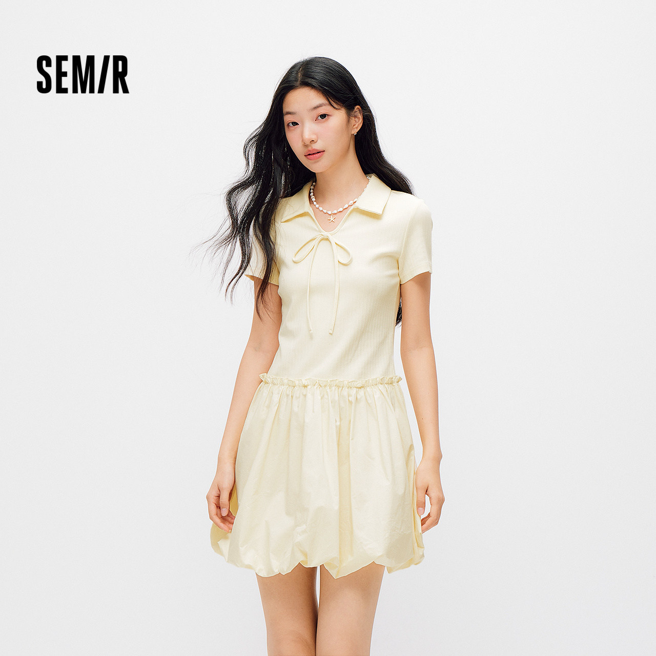 森马连衣裙女夏季polo领木耳边拼接2026新款俏皮百搭甜美花苞短裙