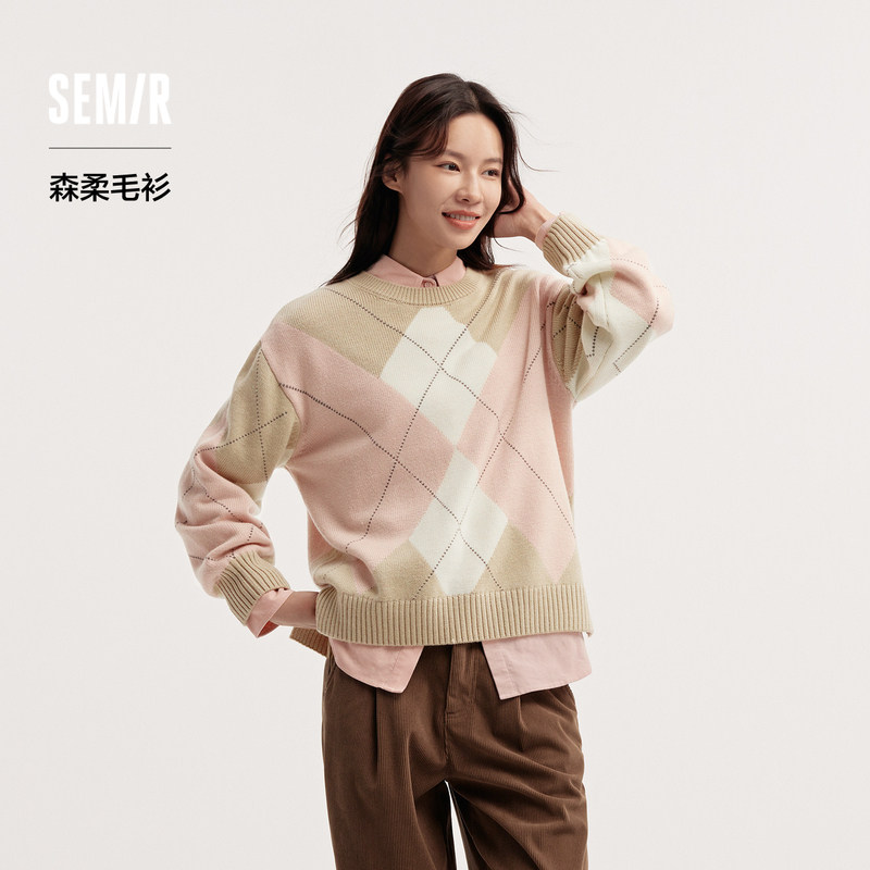 森马菱形格撞色落肩宽松毛衣女