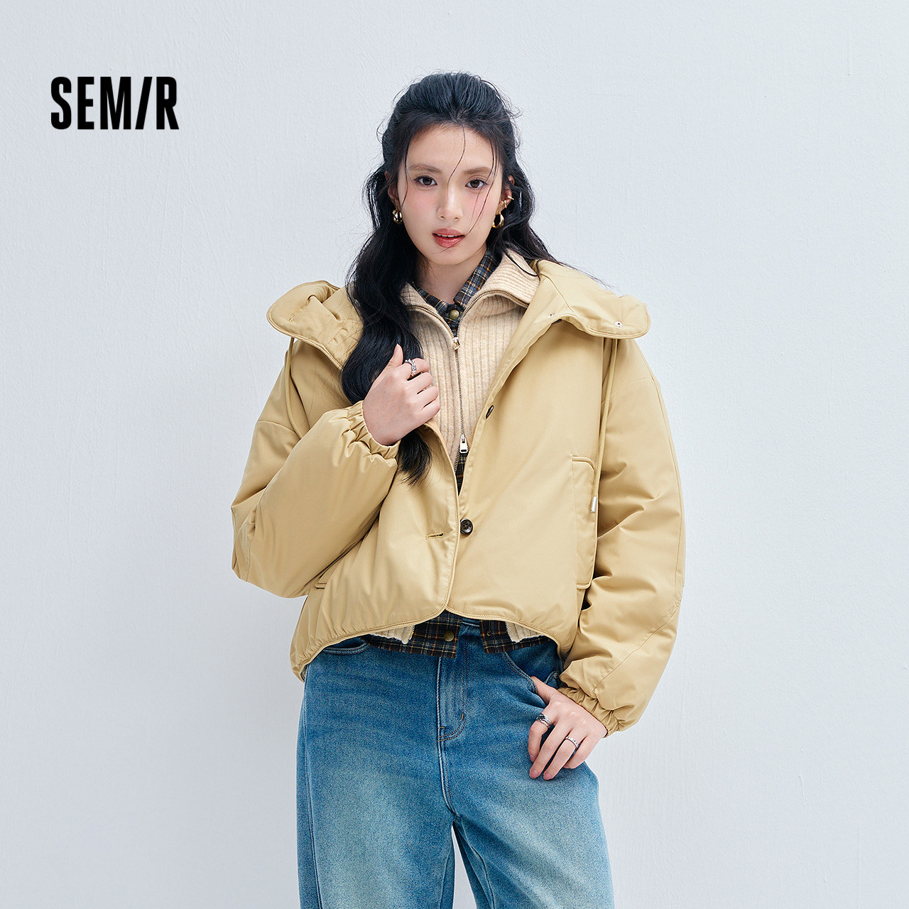 森马温柔连帽oversize落肩棉服女