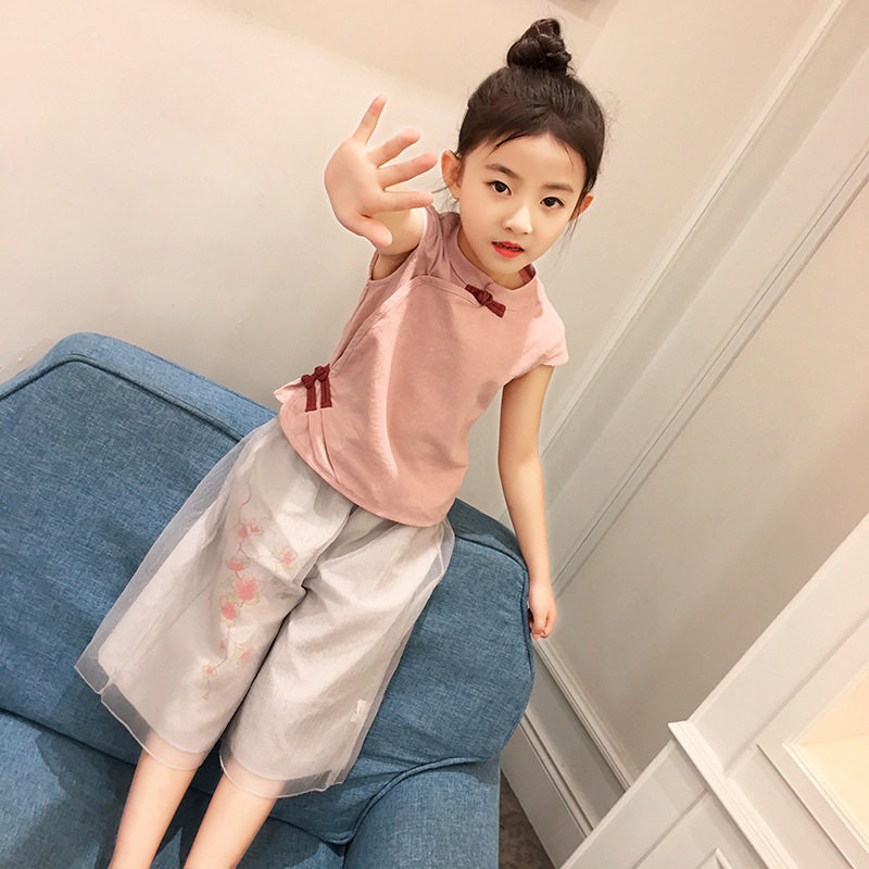品牌专柜女童夏季新款民族风套装中小童棉麻短袖汉服儿童两件套潮