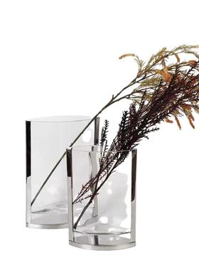 现代简约金属包边玻璃花器餐厅花瓶摆件样板房客厅玄关饰品装饰