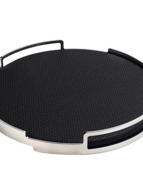 北欧风皮革提手金属圆形托盘客厅卧室置物收纳盘家居软装饰品摆件