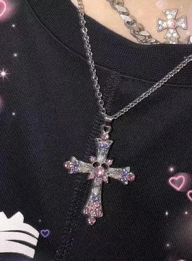 Pink diamond cross necklace women微镶西米亚风粉钻十字架项链