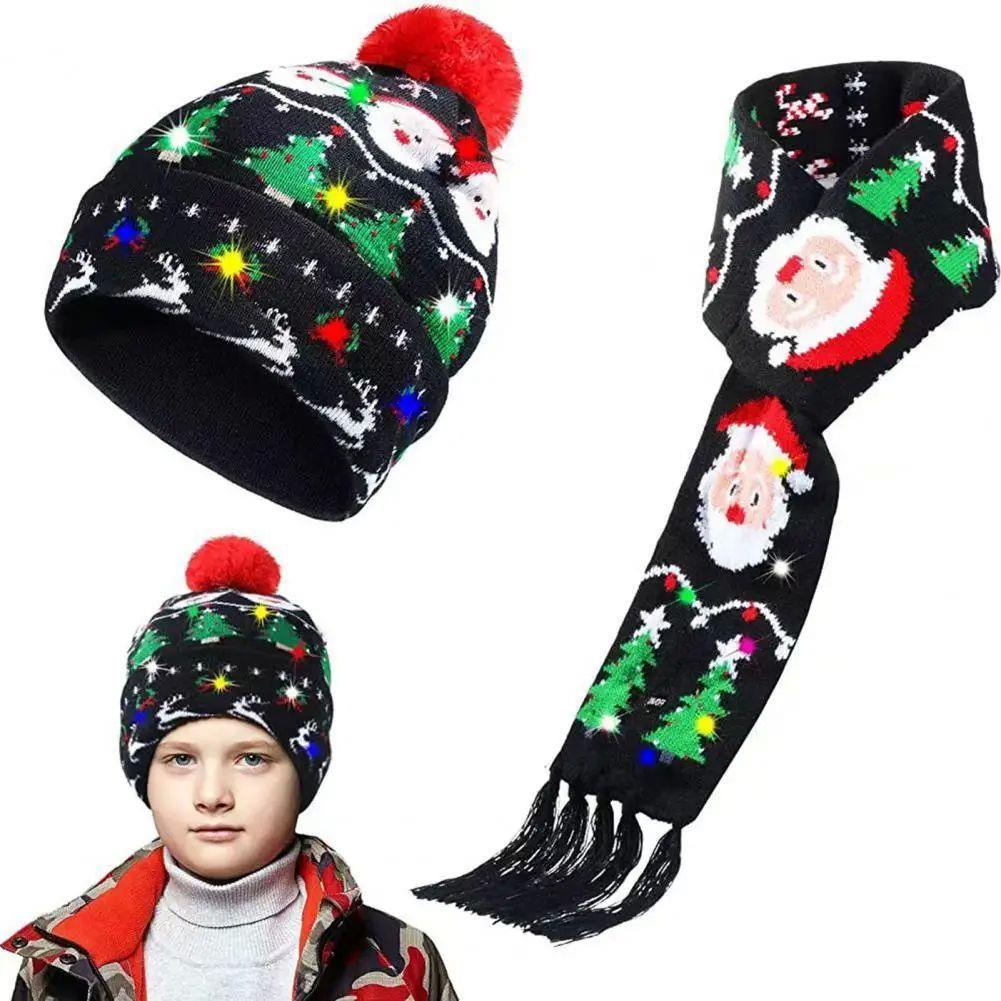 1 Set Hat Scarf Set LED Christmas Cap Snowflake Santa Elk Ch