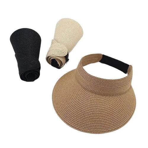 Summer Solid Sun Hat Straw Hat Foldable Top Visor Cap For Wo