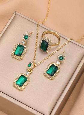 Necklace跨境爆款小众设计感祖母绿宝石轻奢气质耳钉戒指项炼套装