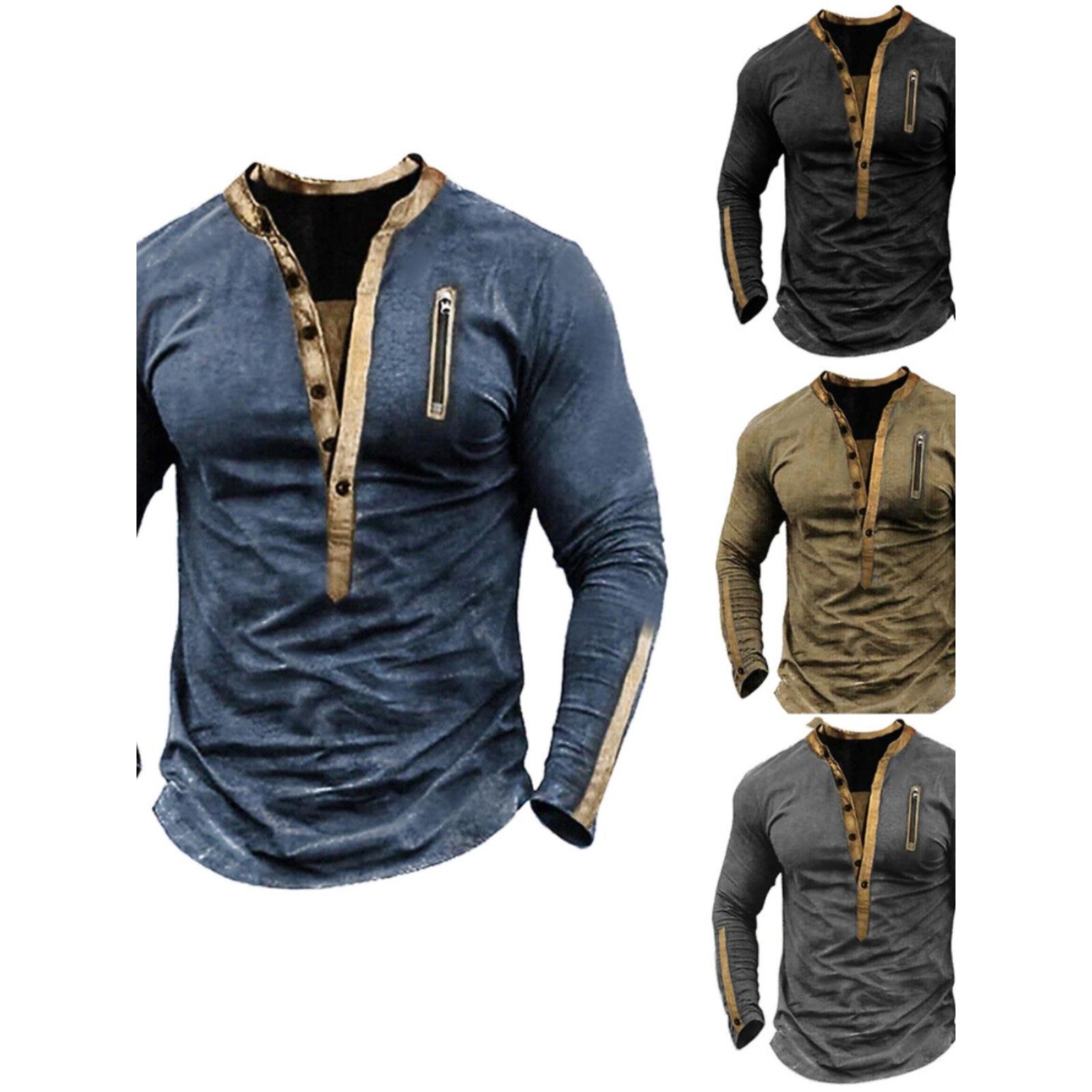 Long-sleeved casual Henry T-shirt覆古纯色长袖休闲亨利衫T恤男