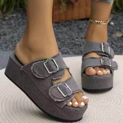 大码牛仔布厚底拖鞋women wedge slippers beach shoes size 43