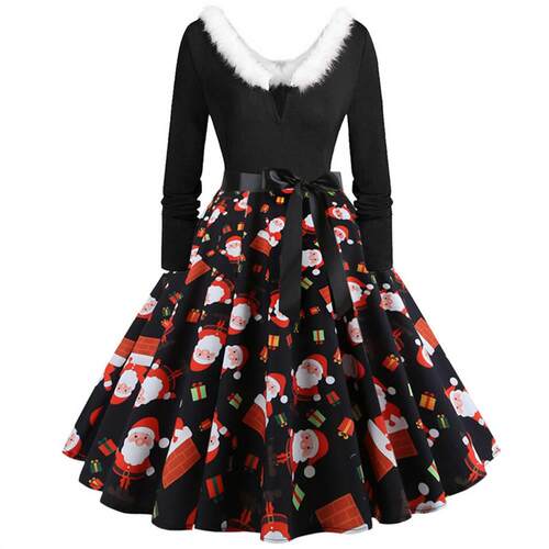 Hot Christmas long sleeve printed panel party dress连衣裙子