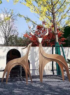 不锈钢几何抽象梅花鹿雕塑园林景观售楼部草坪动物装饰落地大摆件