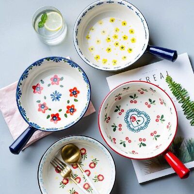 1000ml Ceramic Glaze Baking Bowl with Handle Salad Bowls