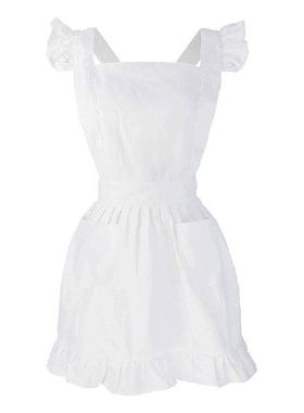 Ruffles Outline Retro White Apron with Pockets Adjustable