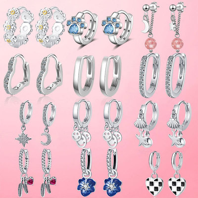 925 Silver Hoop Earrings Silver Footprint Dolphin Geometry H