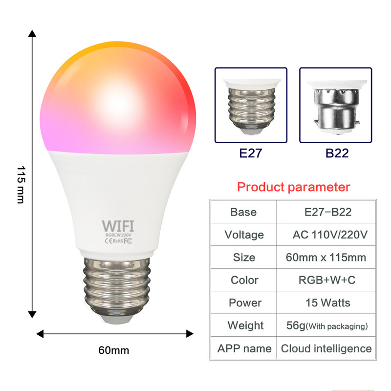 15W WiFi Smart Light Bulb B22 E27 LED RGB Lamp Work with Ale