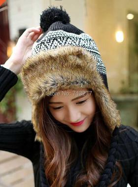 HT408 Fashion Knitted Winter Earflaps Caps Women Faux Fur Bo