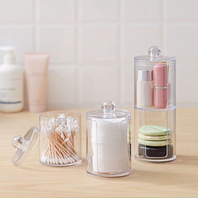 2 Pieces Makeup Box Organizer Clear Stand Round Cotton Swab