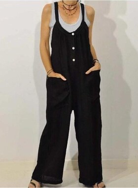 Color cotton overalls pocket elastic button jumpsuit