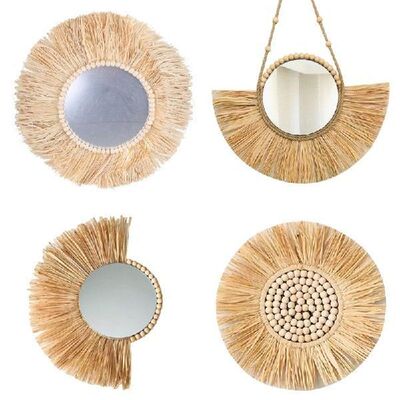 Moroccan Woven Straw Hanging Wall Mirror Boho Macrame