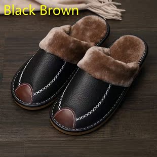 Men Slippers Black New Winter PU Leather Slippers Warm Indoo