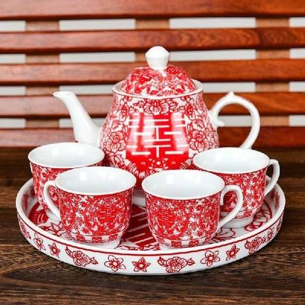 Chinese wedding teapot teacup red tea pot cup bowl set