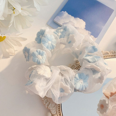 Sweet Embroidery Flowers Mesh Scrunchies Women Romantic Pink