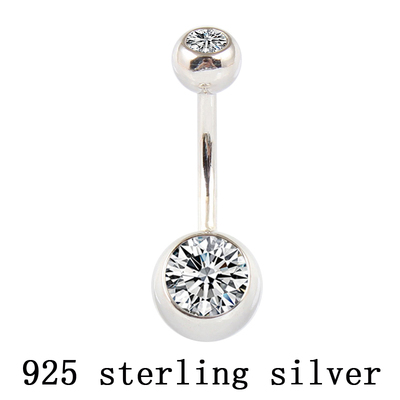 Real 925 sterling silver belly button ring clear double zirc