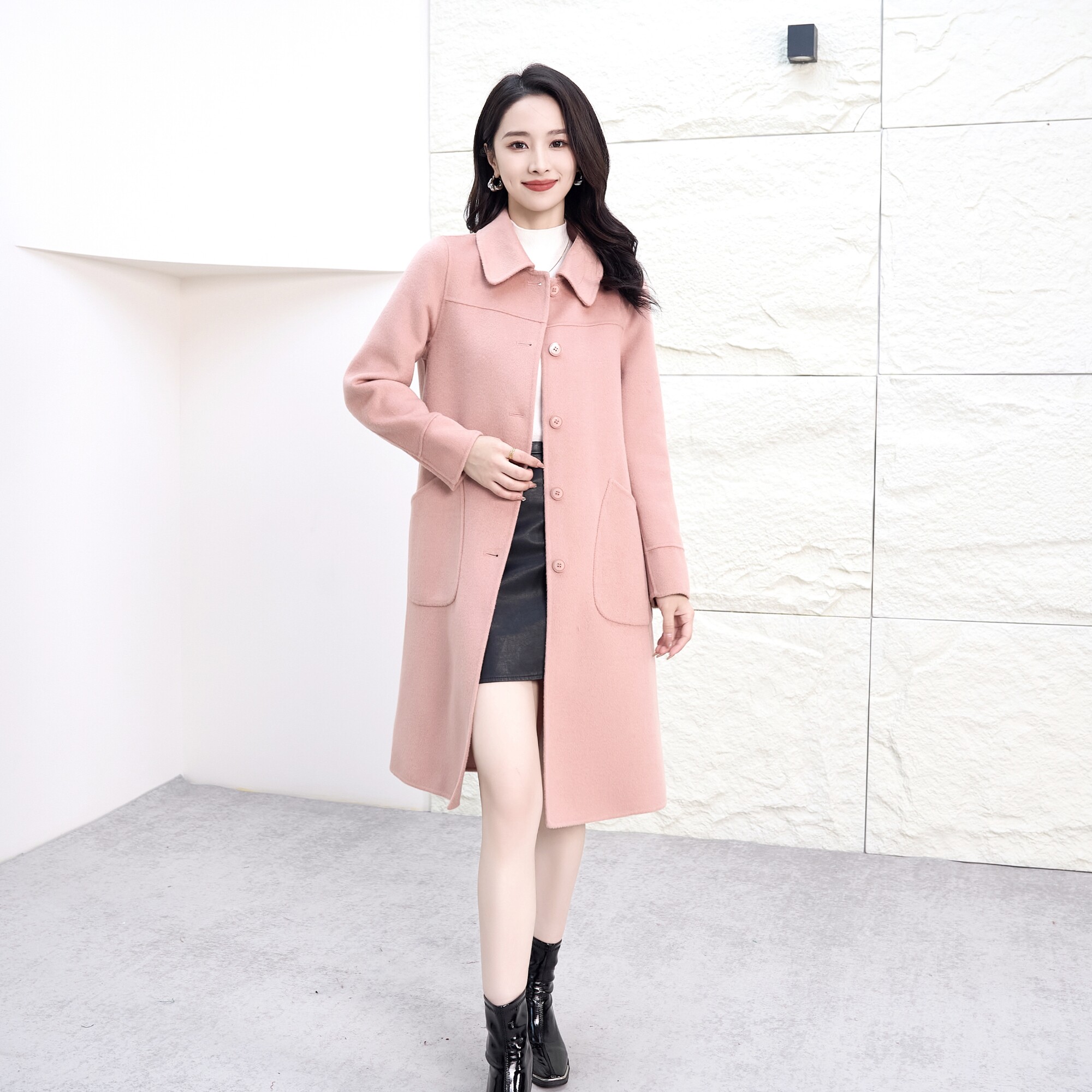 【100%羊毛】初春秋冬新款双面羊毛大衣女中长款高端粉色毛呢外套
