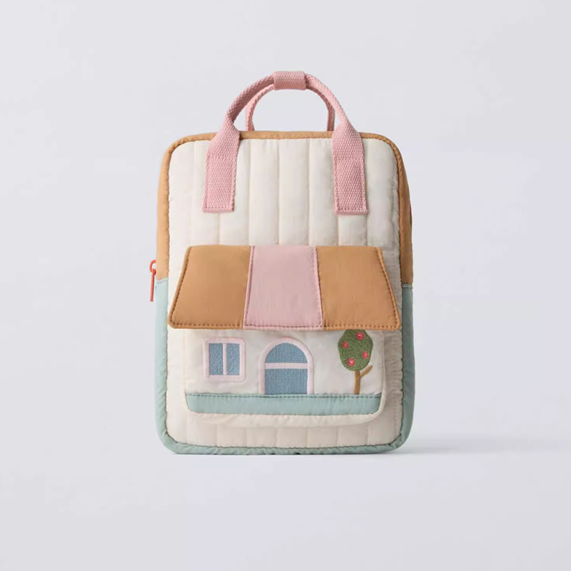 新款卡通小房子儿童帆布双肩包 男女童幼儿园小书包 轻便旅游背包