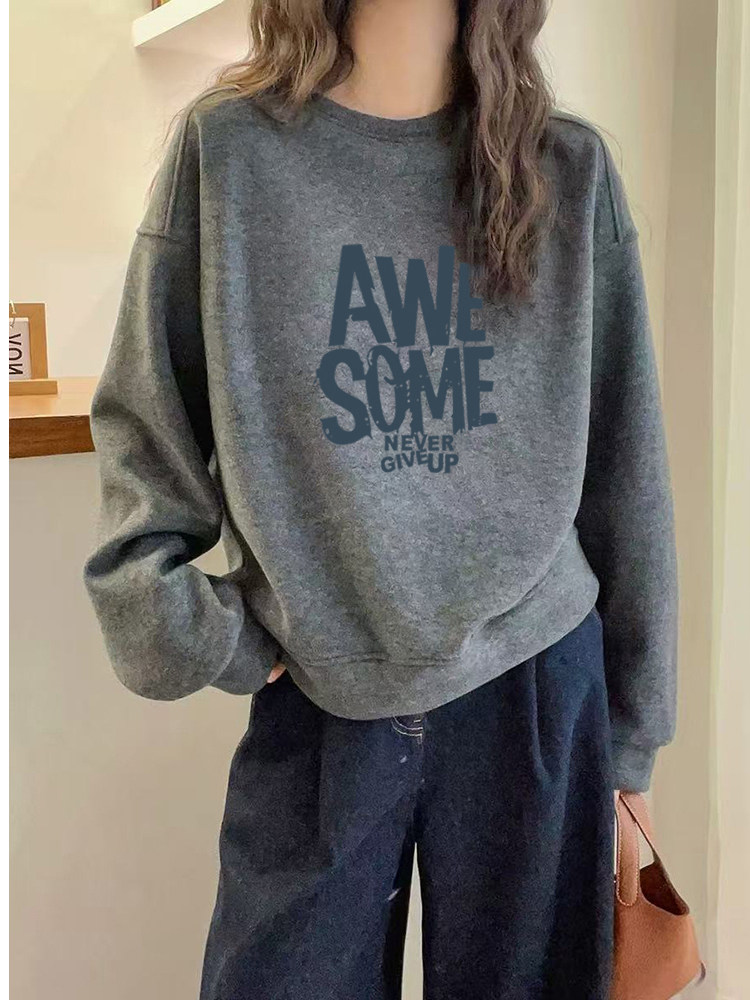 High-grade gray round neck pullover loose printed hoodie, women's autumn and winter thickened casual design, light top and jacket