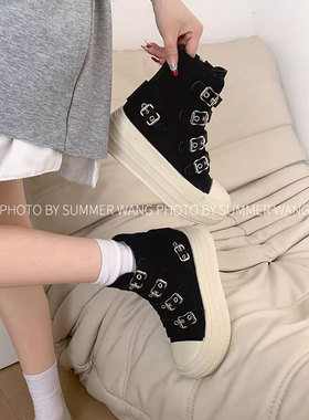 王夏天 复古高帮厚底小白鞋女2025新款小个子百搭运动休闲帆布鞋