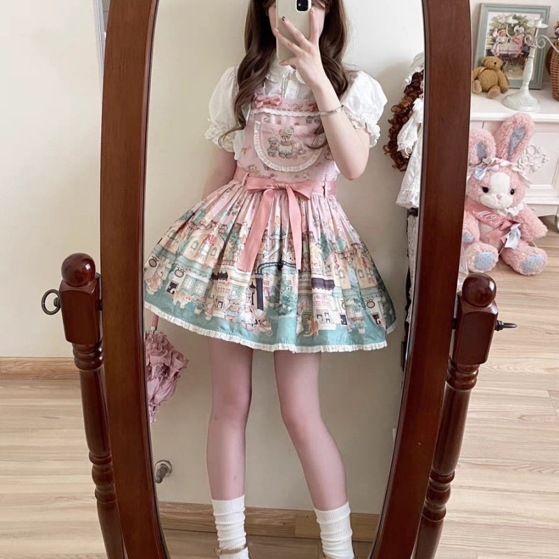 奶油玩偶lolita洛丽塔日系软妹蓬蓬背带裙减龄结7ea75b3韩系风