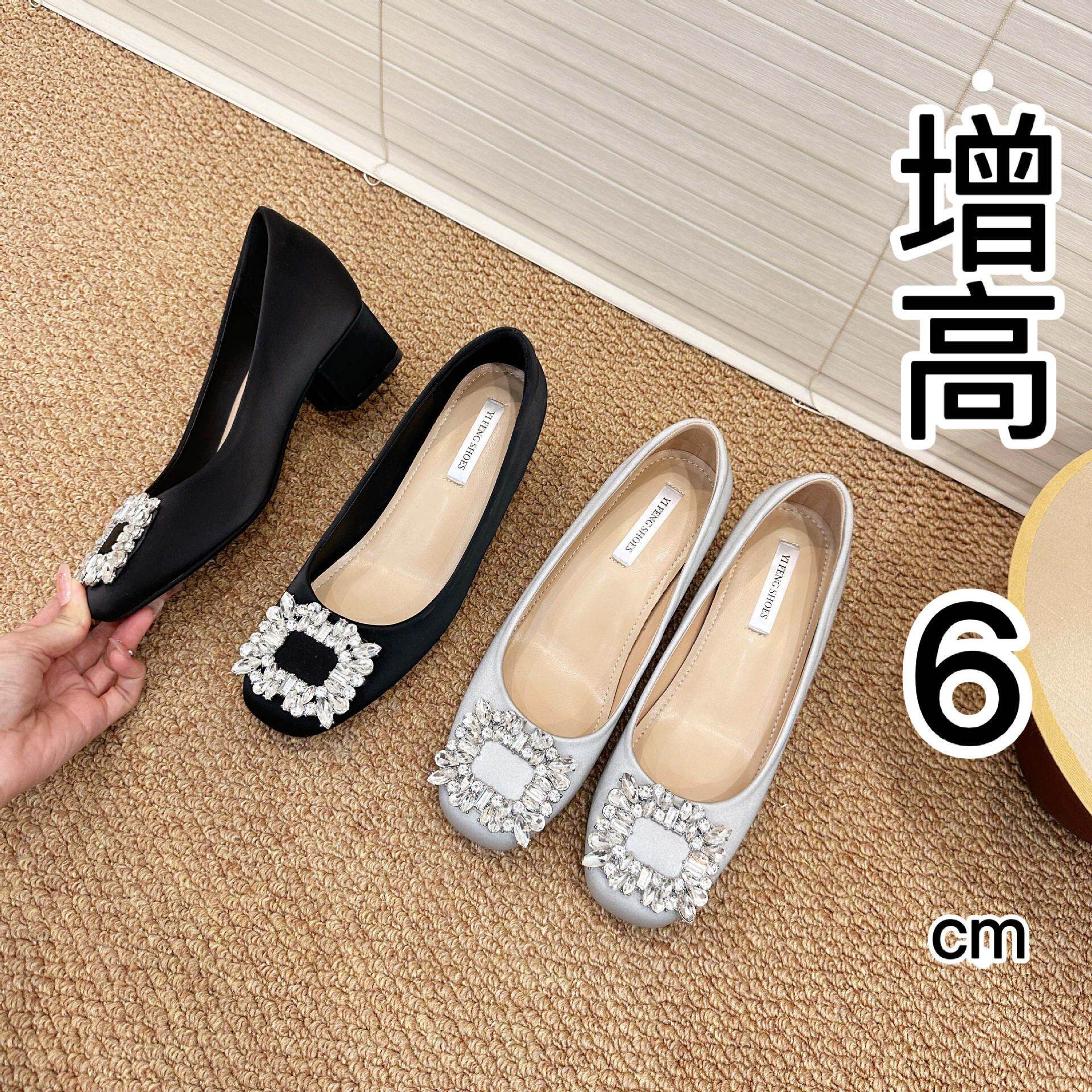 增高6cm水钻方扣缎面粗跟单鞋女24秋季新款气质通勤法式高跟鞋