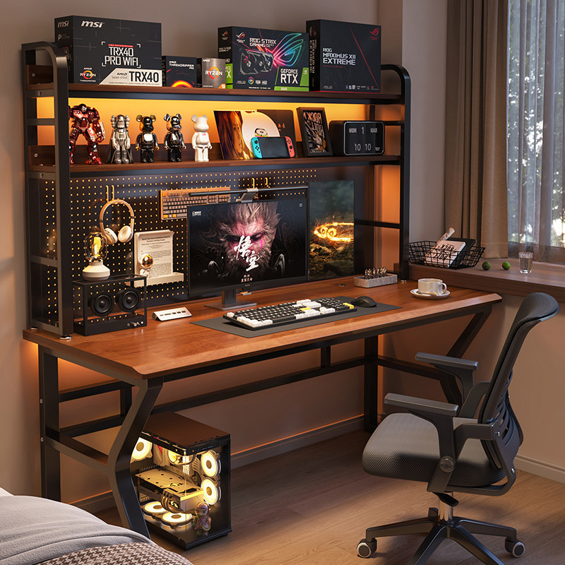 电脑桌卧室家用实木书桌书架一体学生学习桌子可放主机台式电竞桌