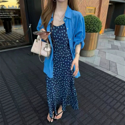 韩系碎花吊带连衣裙两件套女2026夏季时尚减龄气质蓝色衬衫套装裙