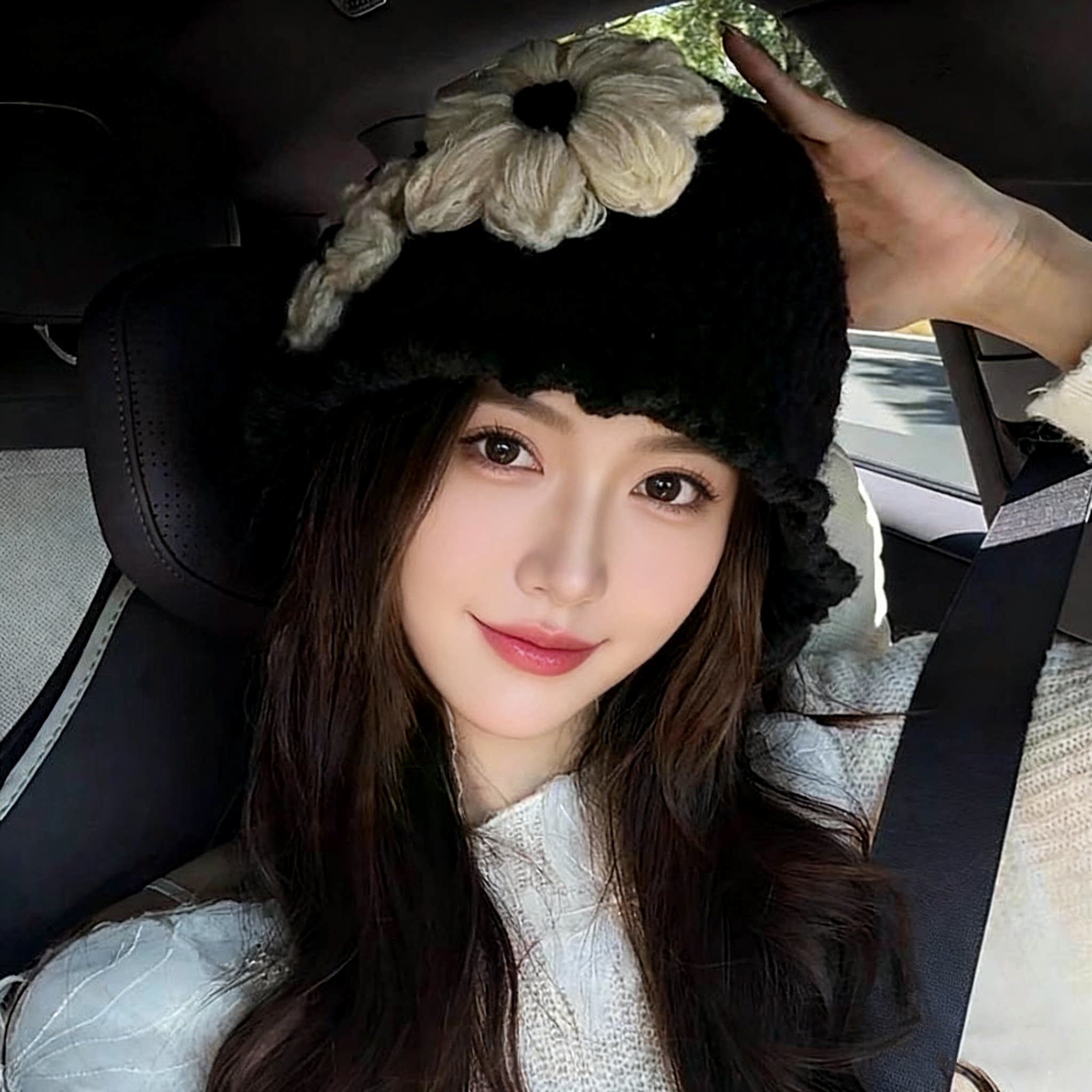 花朵针织渔夫帽女秋冬季韩版显脸小黑色水桶帽大头围保暖毛线帽子