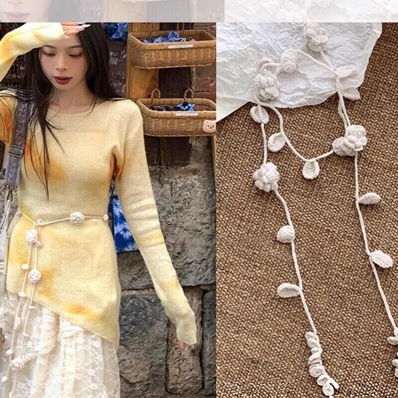 玫瑰花腰链黑色针织钩花项链女时尚穿搭腰带腰间配饰长条丝巾围巾