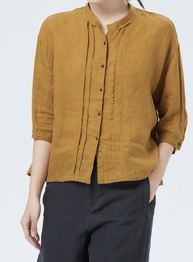 斯琴2023夏专柜正品女苎麻姜黄色立领单排扣五分袖衬衫BCXS004137