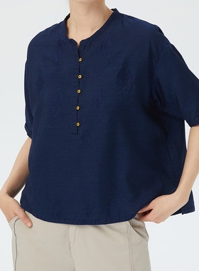 斯琴2022夏新品深兰色套头刺绣五分袖短款牛仔衬衫BBXS01228 958