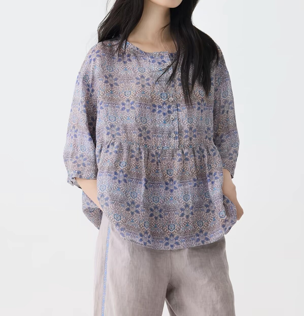 斯琴2026专柜正品花色苎麻衬衫套头宽松五分袖上衣女装BFCS039150