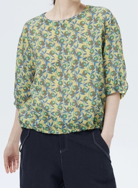 斯琴2023夏专柜正品女苎麻印花圆领套头落肩八分袖衬衫BCXS024150