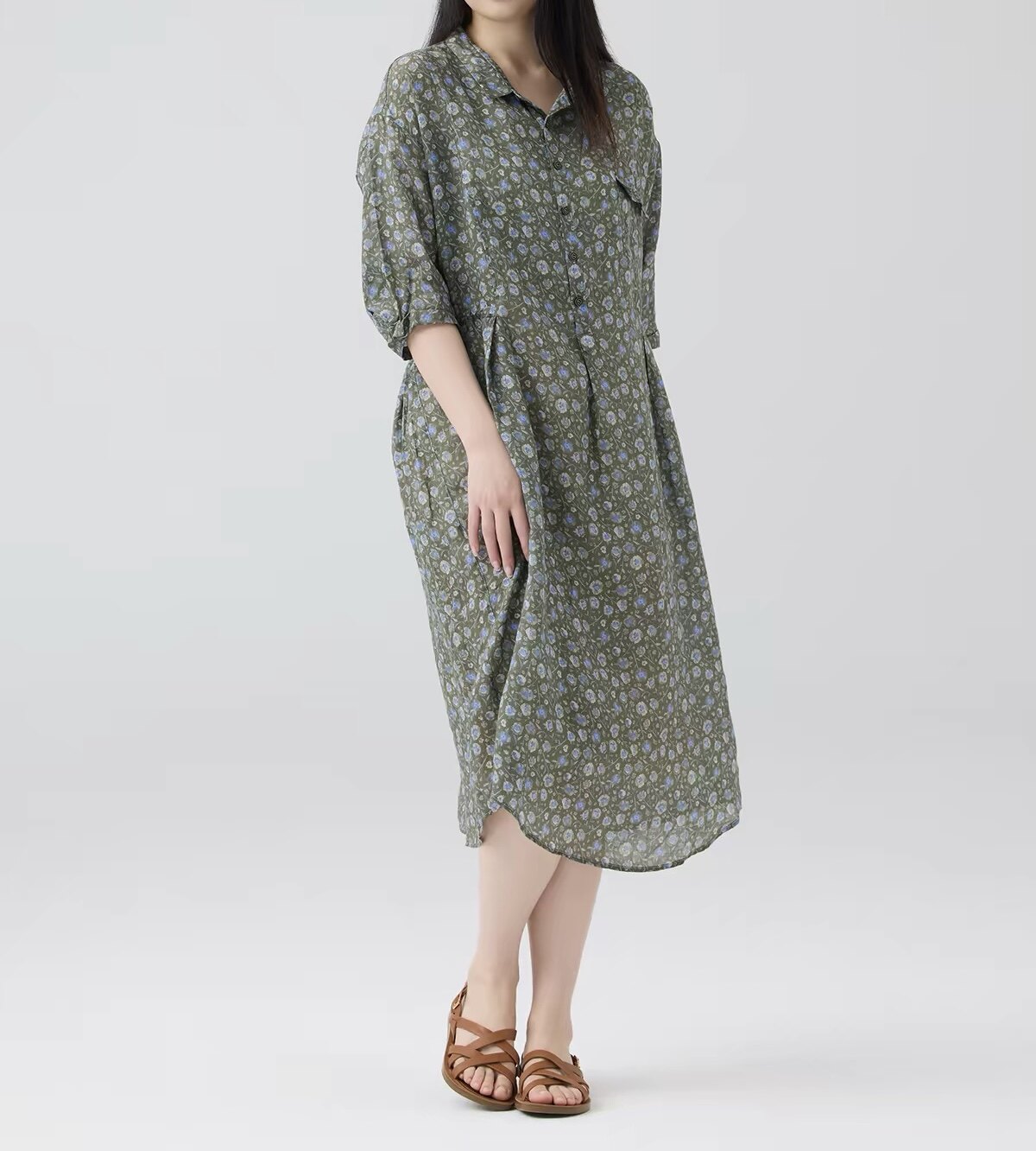 斯琴2026春夏专柜正品花色苎麻宽松六分袖长款连衣裙女BFCQ019150